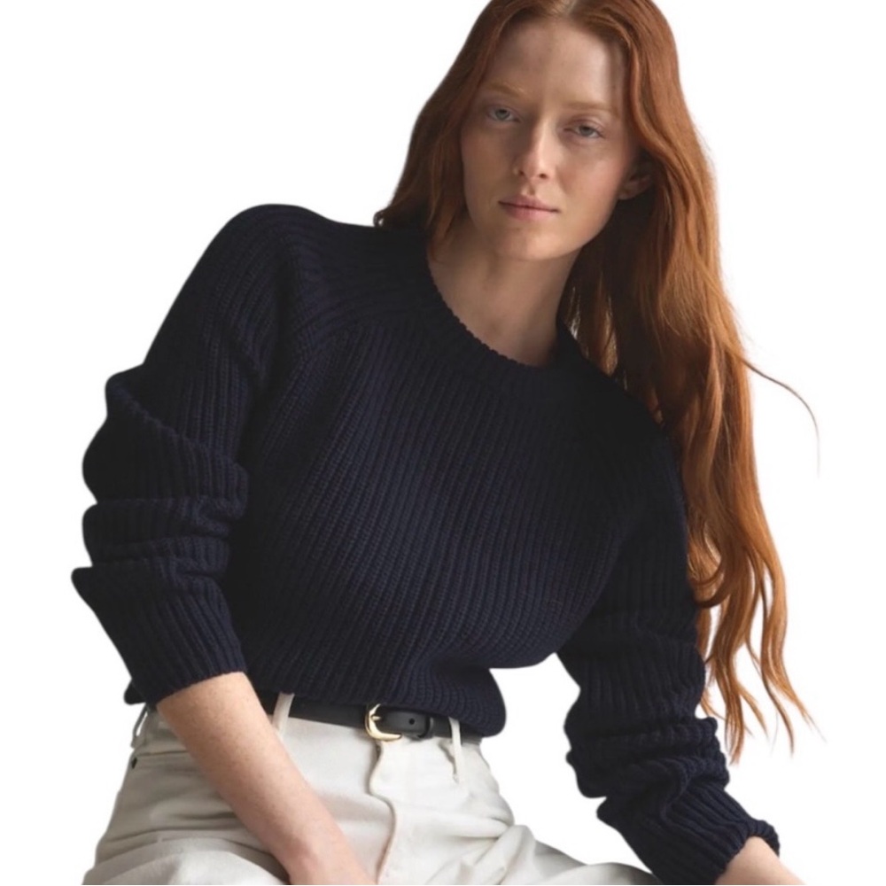 QUINCE Navy Ribbed Fisherman Organic Cotton Crew Neck Sweater Size Small